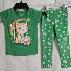 The Children's Place Green Cat and Rainbow Pajama Set